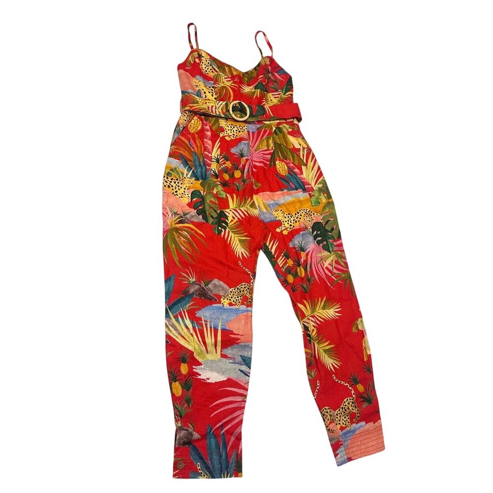 Farm Rio Red Tropical Jaguar Pineapple Belted Jumpsuit Small Sweetheart Neck